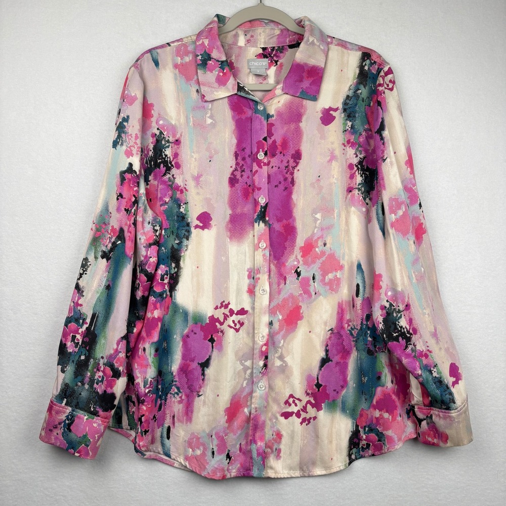 Chicos Blouse Womens Size 3 XL Watercolor Abstract Print Button Front Modal